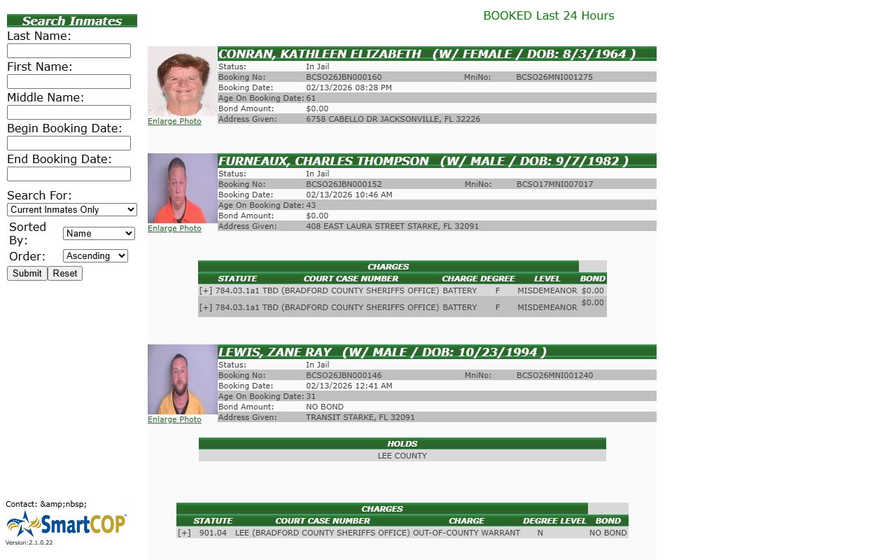 Bradford County booking reports SmartWeb inmate search tool