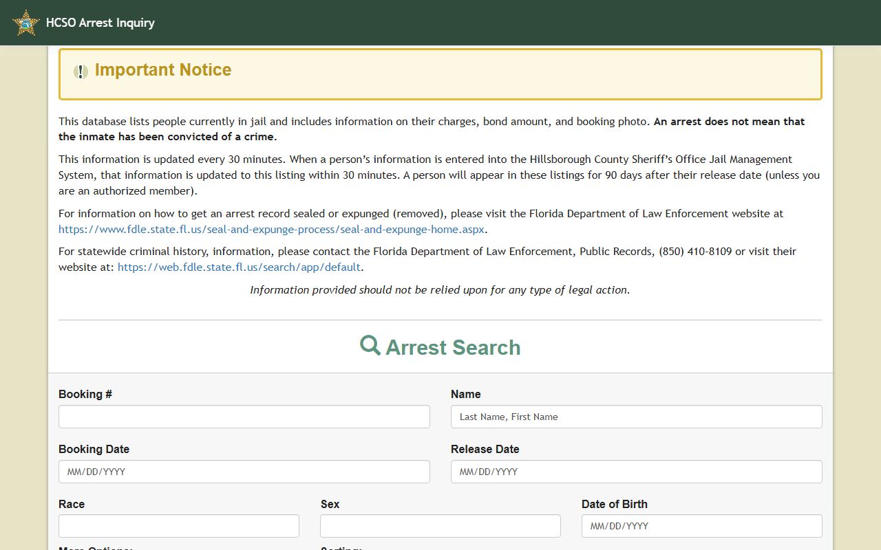 Hillsborough County booking reports arrest inquiry portal