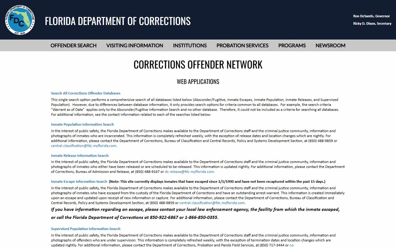 Florida Department of Corrections inmate search portal for booking reports
