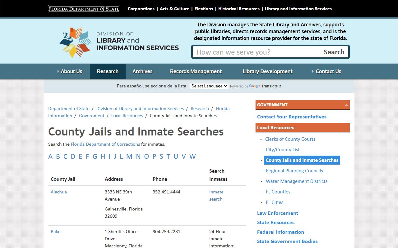 Florida Department of State county jails directory for booking report searches