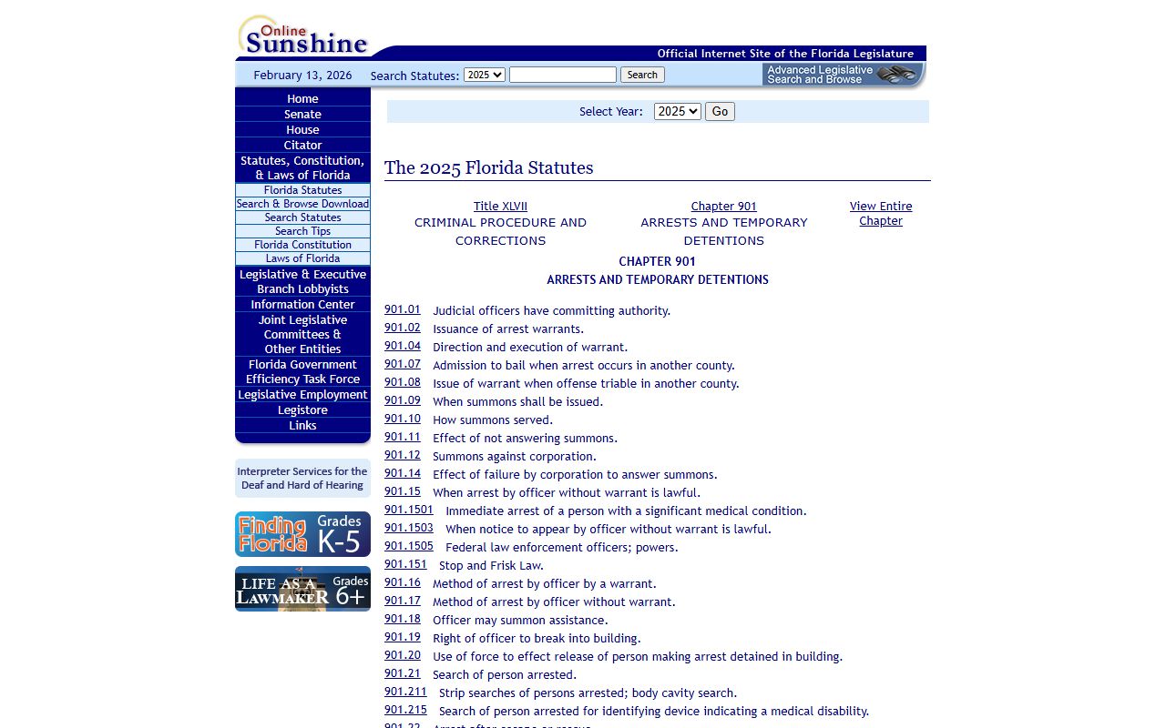 Florida Statutes Chapter 901 arrest and booking procedures